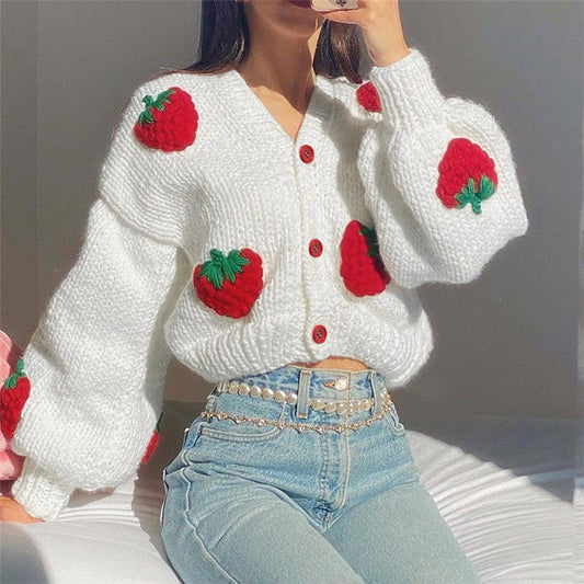 Strawberry V-neck Cardigan Sweater - Sugar & Eddie